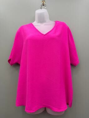 Entro Hot Pink Textured Blouse Medium Oversized V Neck Dolman Sleeve Top
